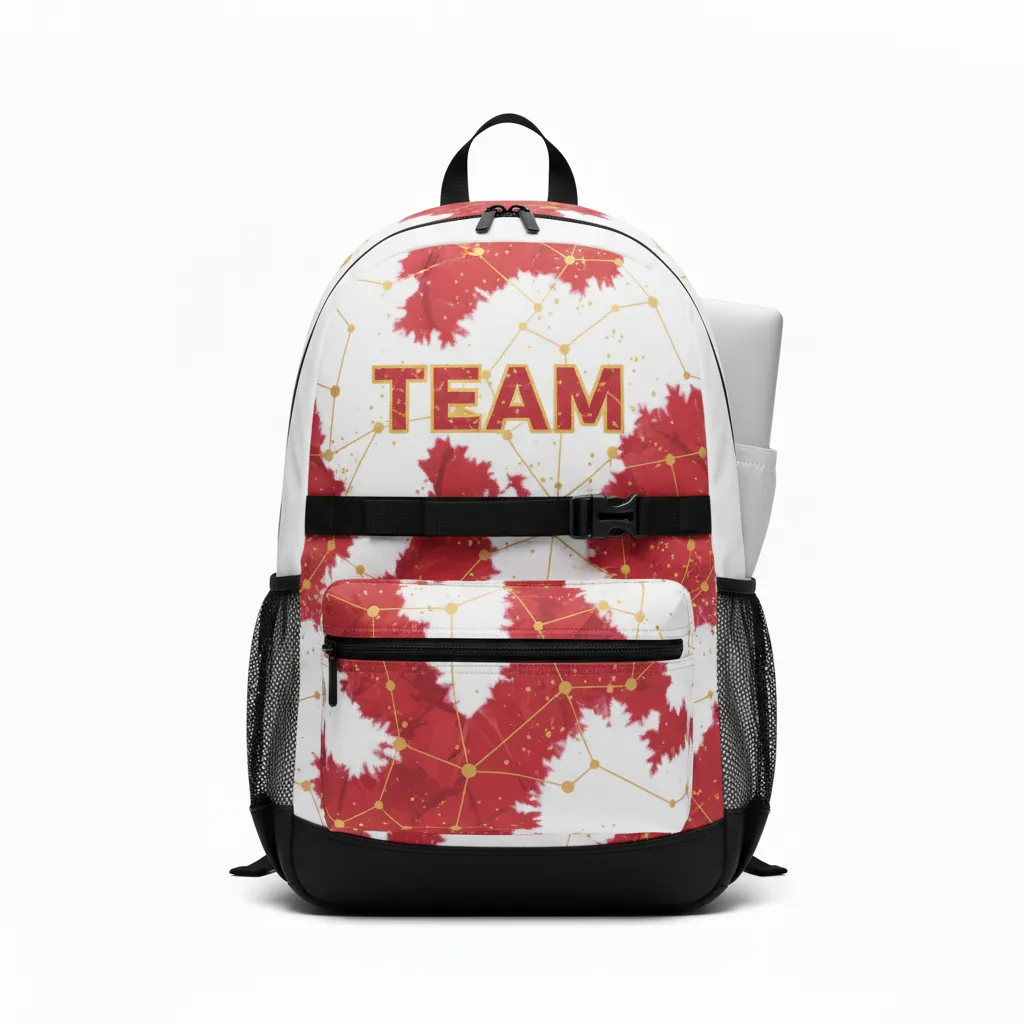 Custom Basketball Basketball Team Backpack - White, Red, Gold - Cardinal Tech Pattern - Front View - Kinexa Sportswear