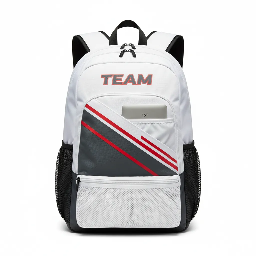 Custom Basketball Basketball Team Backpack - White, Red - Charcoal Asymmetric Panel - Front View - Kinexa Sportswear