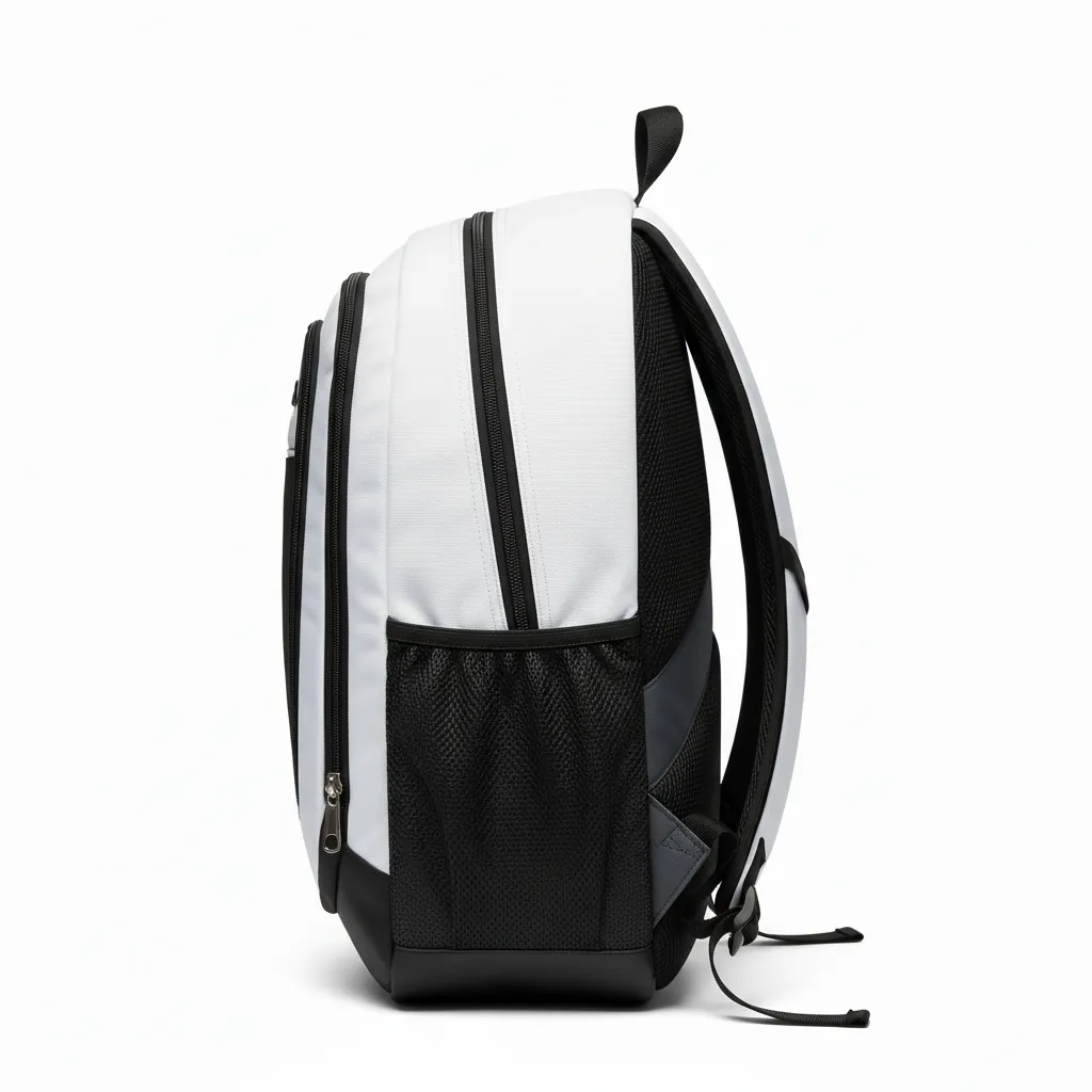 Custom Basketball Basketball Team Backpack - White, Red - Charcoal Asymmetric Panel - Side View - Kinexa Sportswear