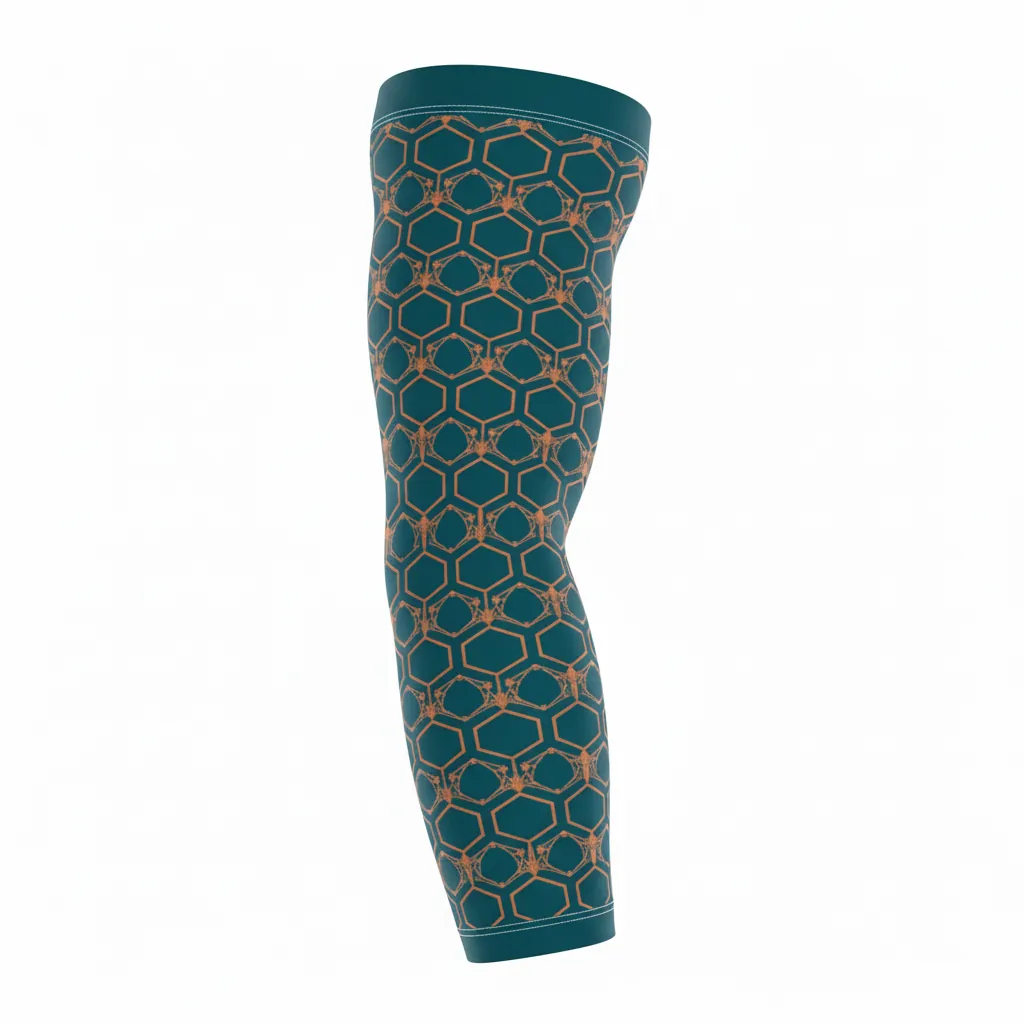 Custom Basketball Compression Arm Sleeves - White, Teal, Orange - Dark Hexagon - Front View - Kinexa Sportswear