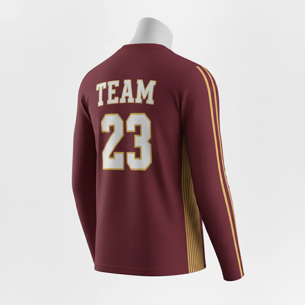 Custom Basketball Long Sleeve Shooting Shirt - Burgundy, Gold - Side Stripe - Back View - Kinexa Sportswear