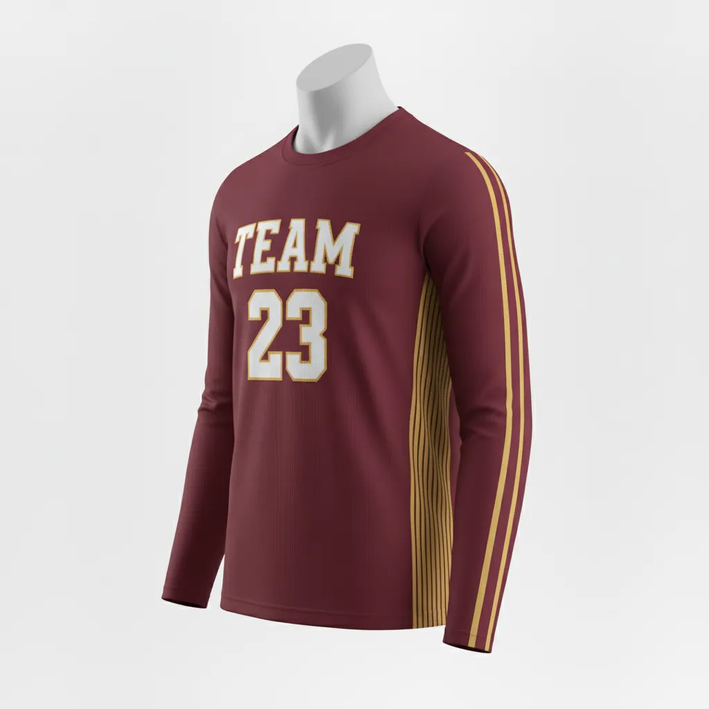 Custom Basketball Long Sleeve Shooting Shirt - Burgundy, Gold - Side Stripe - Front View - Kinexa Sportswear