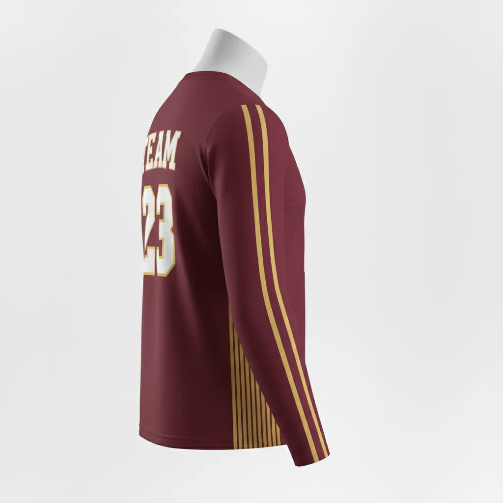 Custom Basketball Long Sleeve Shooting Shirt - Burgundy, Gold - Side Stripe - Side View - Kinexa Sportswear