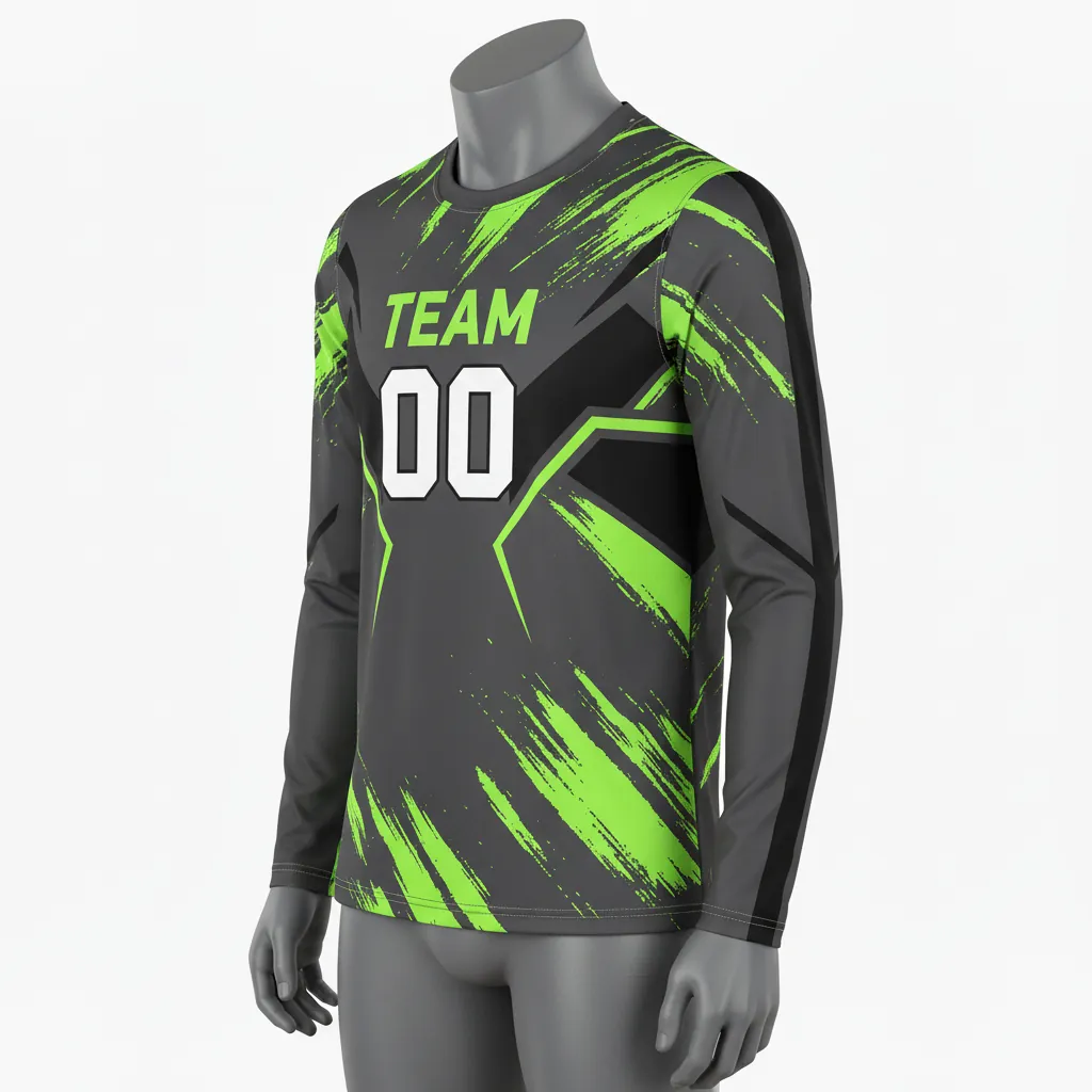 Custom Basketball Long Sleeve Shooting Shirt - Green - Charcoal Neon Abstract - Front View - Kinexa Sportswear