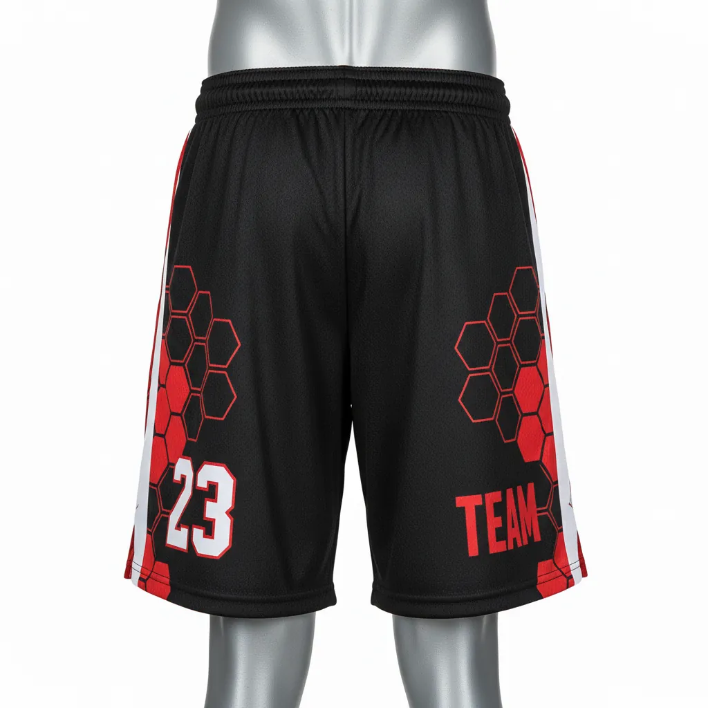 Custom Basketball Performance Basketball Shorts - Black, Red, White - Geometric - Back View - Kinexa Sportswear