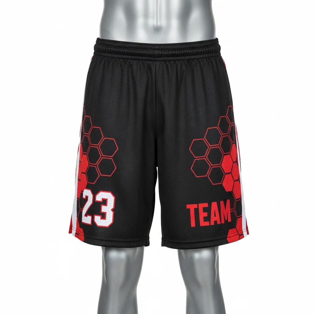 Custom Basketball Performance Basketball Shorts - Black, Red, White - Geometric - Front View - Kinexa Sportswear