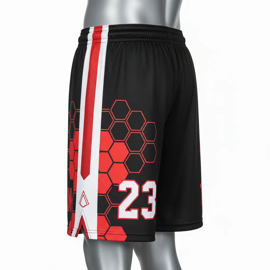 Custom Basketball Performance Basketball Shorts - Black, Red, White - Geometric - Side View - Kinexa Sportswear