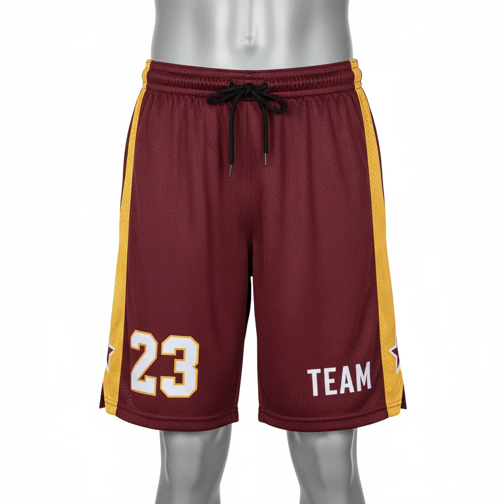 Custom Basketball Performance Basketball Shorts - Burgundy, Gold - Side Stripe - Front View - Kinexa Sportswear