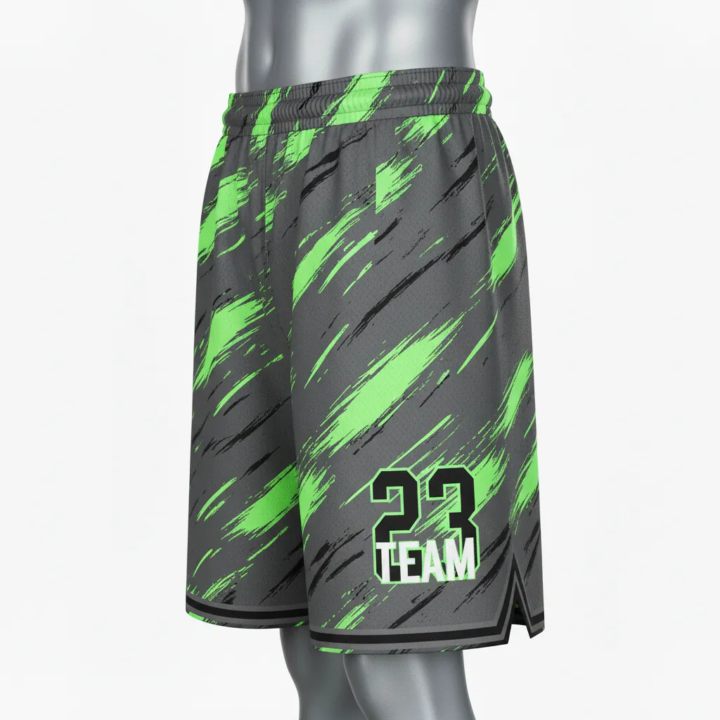 Custom Basketball Performance Basketball Shorts - Green - Charcoal Neon Abstract - Back View - Kinexa Sportswear
