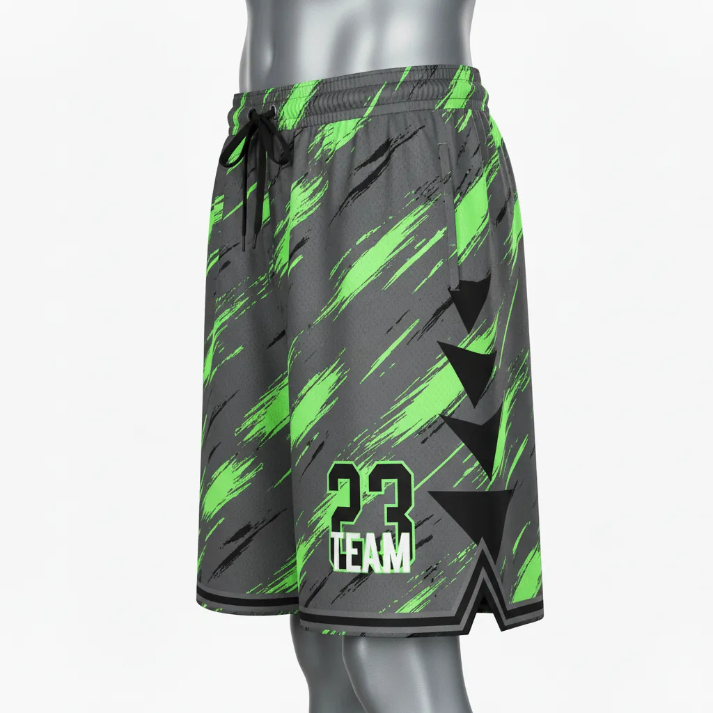 Custom Basketball Performance Basketball Shorts - Green - Charcoal Neon Abstract - Front View - Kinexa Sportswear