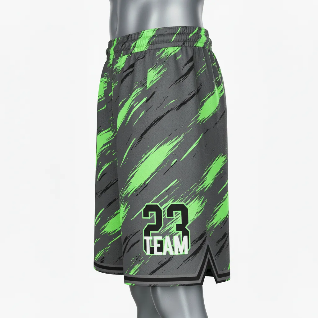 Custom Basketball Performance Basketball Shorts - Green - Charcoal Neon Abstract - Side View - Kinexa Sportswear