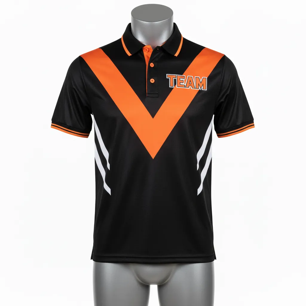 Custom Basketball Performance Polo Shirt - Black, Orange - Vshape - Front View - Kinexa Sportswear