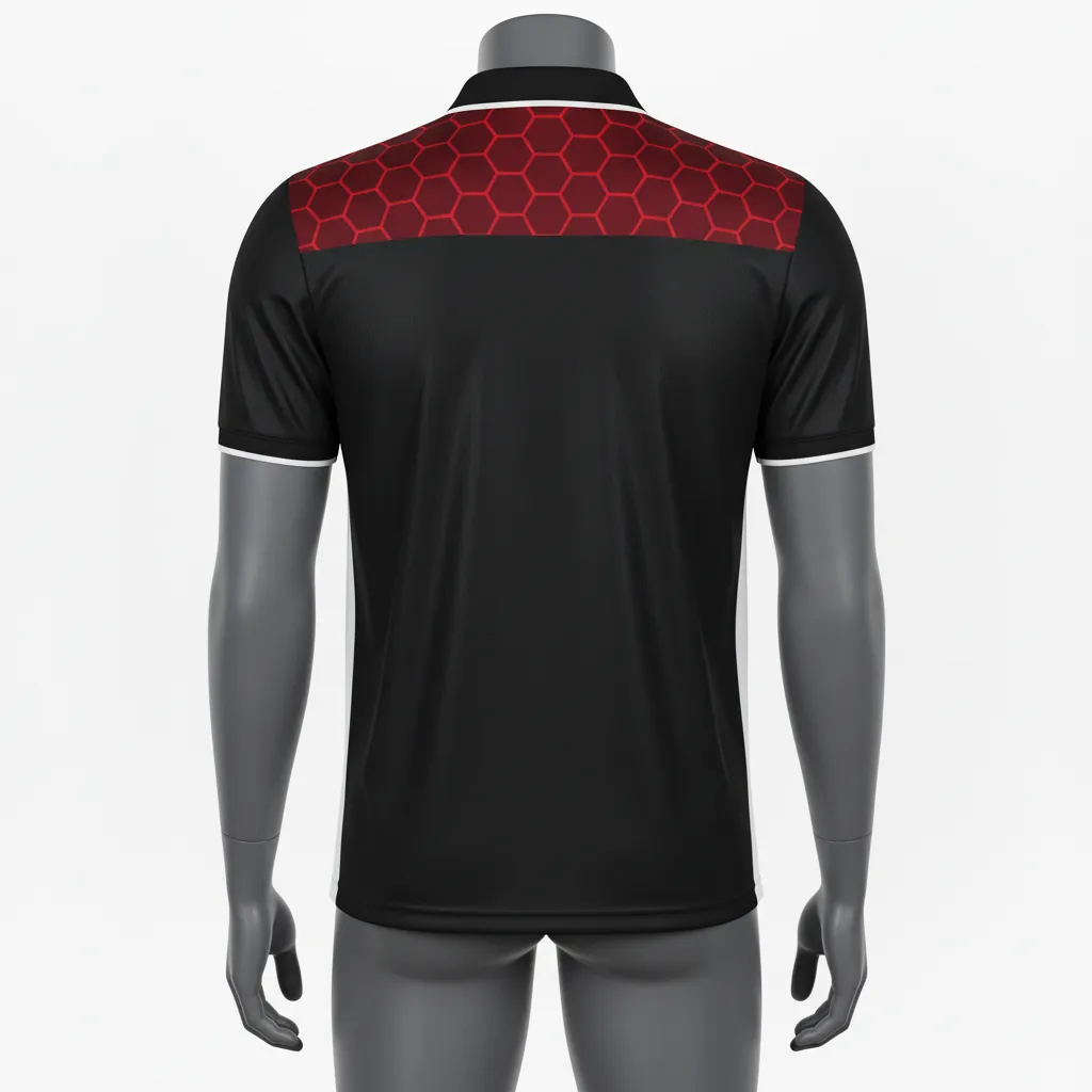 Custom Basketball Performance Polo Shirt - Black, Red, White - Shoulder Pattern - Back View - Kinexa Sportswear