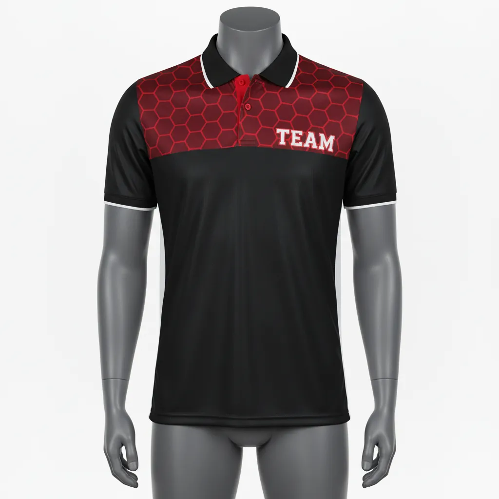 Custom Basketball Performance Polo Shirt - Black, Red, White - Shoulder Pattern - Front View - Kinexa Sportswear