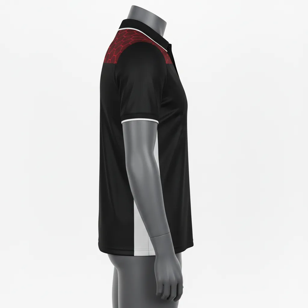 Custom Basketball Performance Polo Shirt - Black, Red, White - Shoulder Pattern - Side View - Kinexa Sportswear
