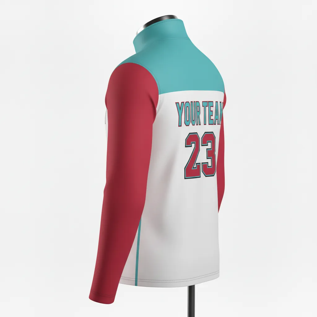 Custom Basketball Quarter Zip Practice Jersey - White - Aqua Crimson Shoulder Color Block - Back View - Kinexa Sportswear