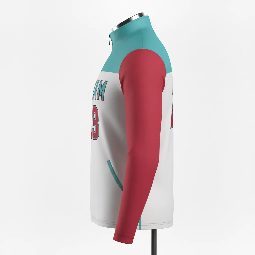Custom Basketball Quarter Zip Practice Jersey - White - Aqua Crimson Shoulder Color Block - Front View - Kinexa Sportswear