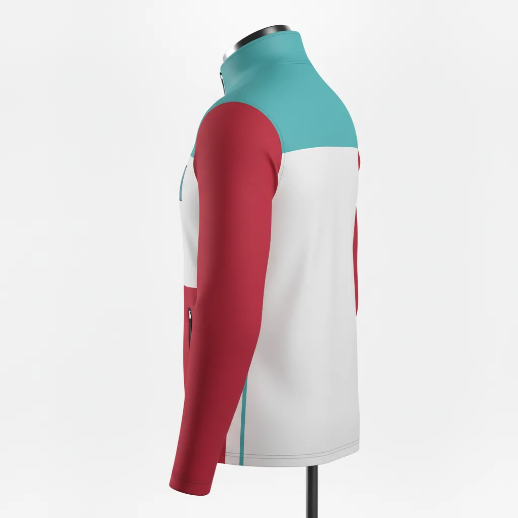 Custom Basketball Quarter Zip Practice Jersey - White - Aqua Crimson Shoulder Color Block - Side View - Kinexa Sportswear