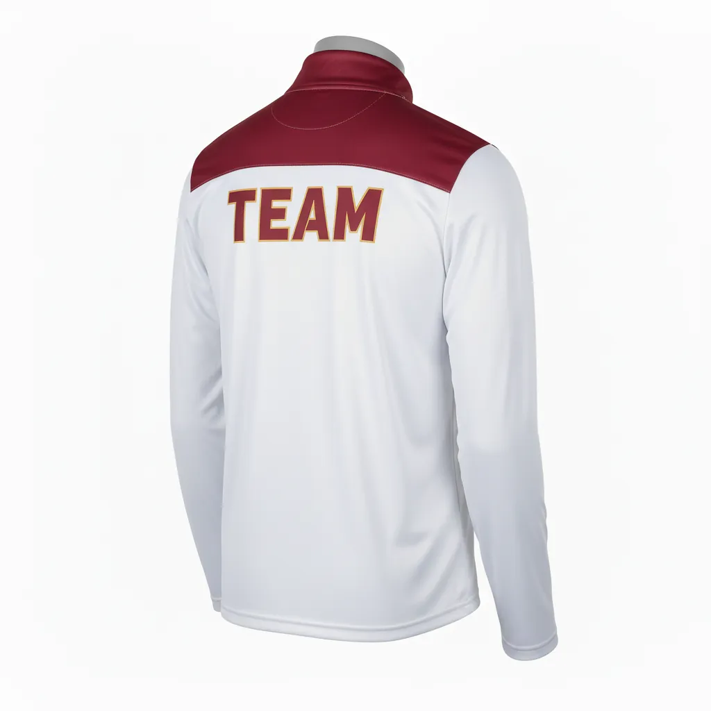 Custom Basketball Quarter Zip Practice Jersey - White, Burgundy, Gold - Shoulder - Back View - Kinexa Sportswear