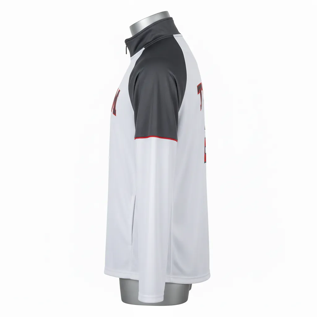 Custom Basketball Quarter Zip Practice Jersey - White, Red - Charcoal Shoulder - Side View - Kinexa Sportswear