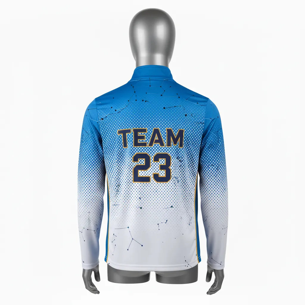 Custom Basketball Quarter Zip Practice Jersey - White, Blue, Navy - Columbia Halftone - Back View - Kinexa Sportswear