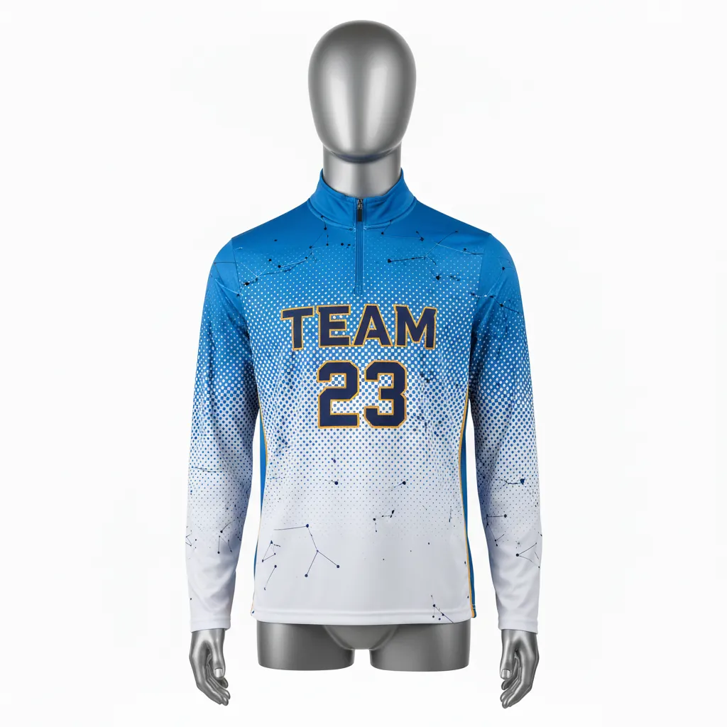 Custom Basketball Quarter Zip Practice Jersey - White, Blue, Navy - Columbia Halftone - Front View - Kinexa Sportswear