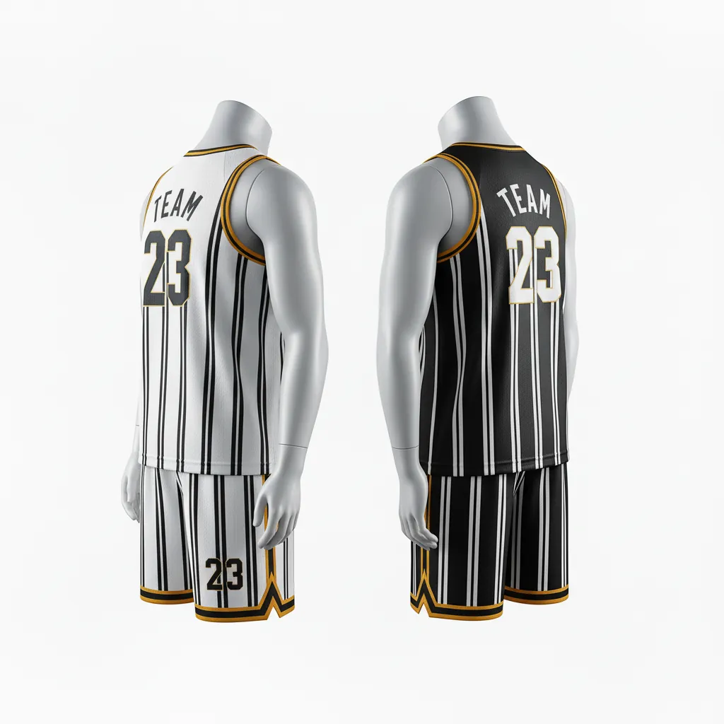 Custom Basketball Reversible Basketball Uniform - White, Black, Orange - Roundneck Vertical Stripes - Back View - Kinexa Sportswear