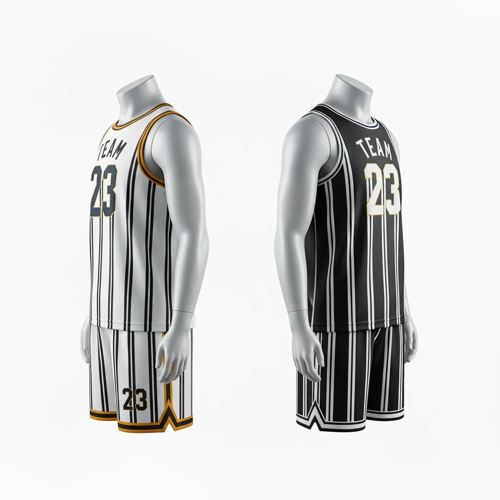 Custom Basketball Reversible Basketball Uniform - White, Black, Orange - Roundneck Vertical Stripes - Front View - Kinexa Sportswear
