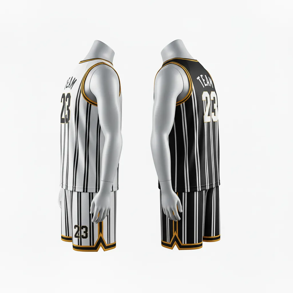Custom Basketball Reversible Basketball Uniform - White, Black, Orange - Roundneck Vertical Stripes - Side View - Kinexa Sportswear