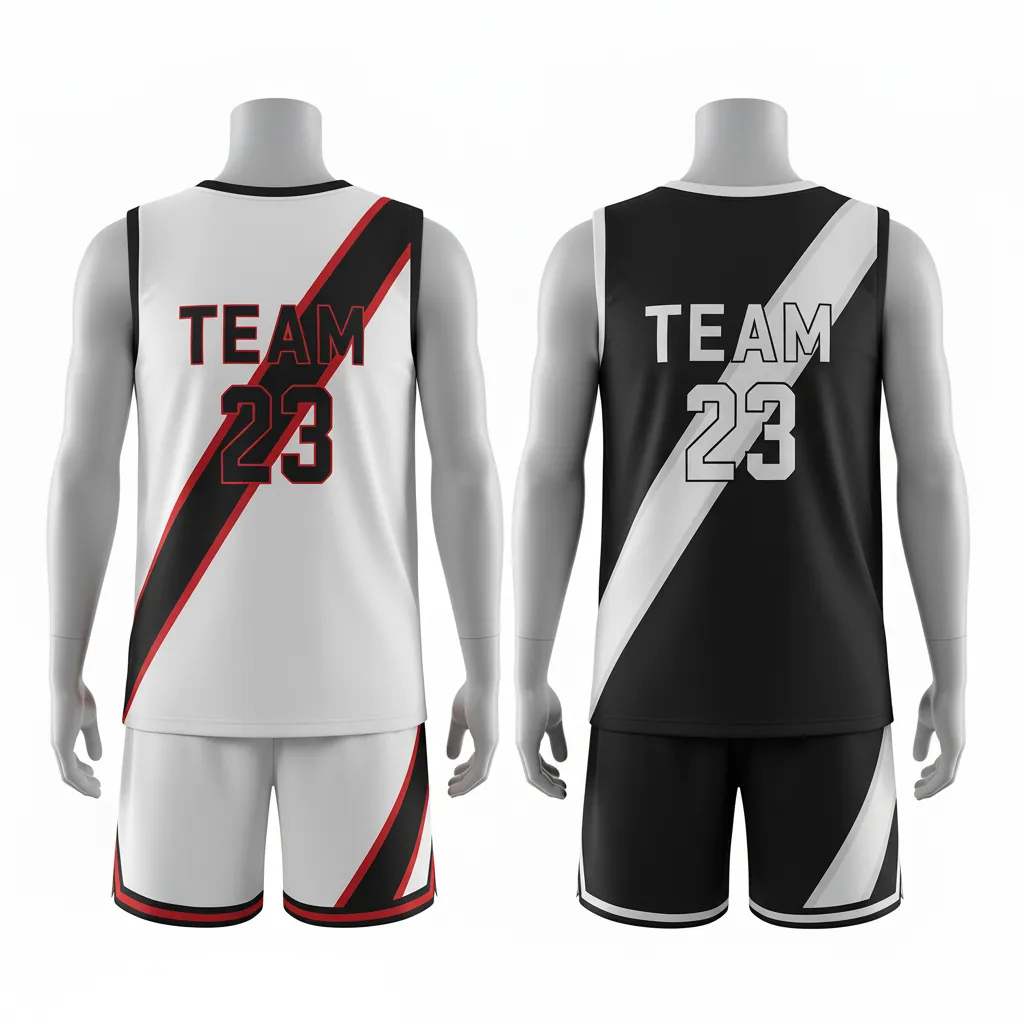Custom Basketball Reversible Basketball Uniform - White, Black, Red - Roundneck Diagonal Slash - Back View - Kinexa Sportswear