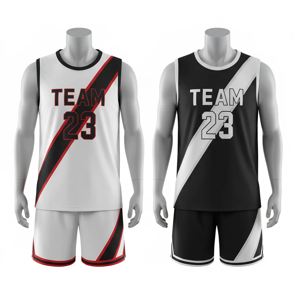 Custom Basketball Reversible Basketball Uniform - White, Black, Red - Roundneck Diagonal Slash - Front View - Kinexa Sportswear