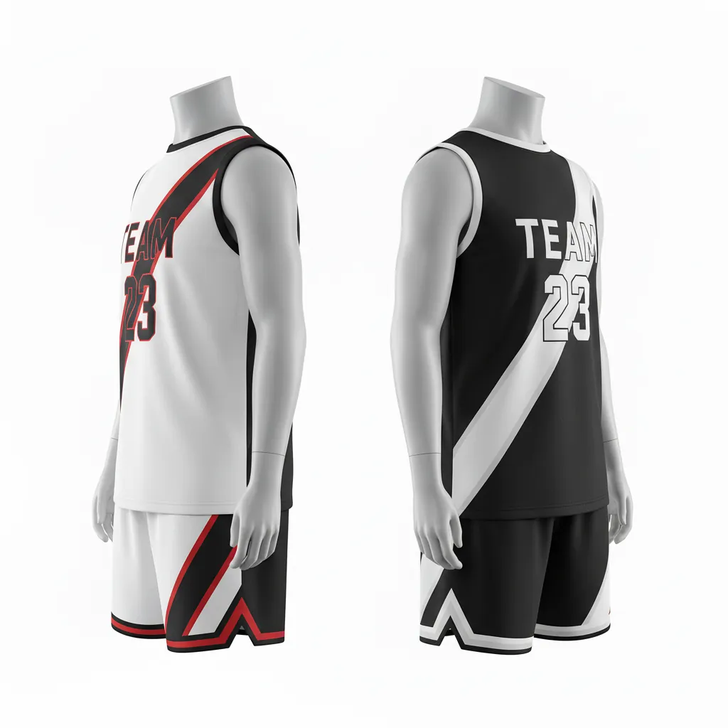 Custom Basketball Reversible Basketball Uniform - White, Black, Red - Roundneck Diagonal Slash - Side View - Kinexa Sportswear