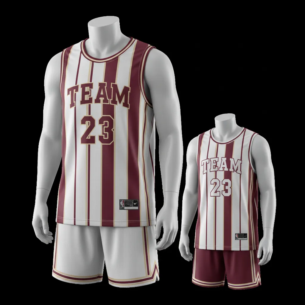 Custom Basketball Reversible Basketball Uniform - White, Burgundy, Cream - Roundneck Vertical Stripes - Front View - Kinexa Sportswear