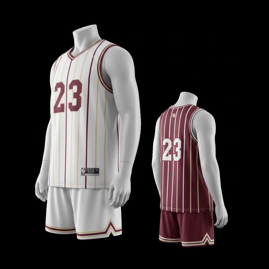 Custom Basketball Reversible Basketball Uniform - White, Burgundy, Cream - Roundneck Vertical Stripes - Side View - Kinexa Sportswear