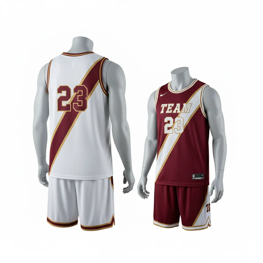 Custom Basketball Reversible Basketball Uniform - White, Burgundy, Gold - Roundneck Diagonal Slash - Back View - Kinexa Sportswear