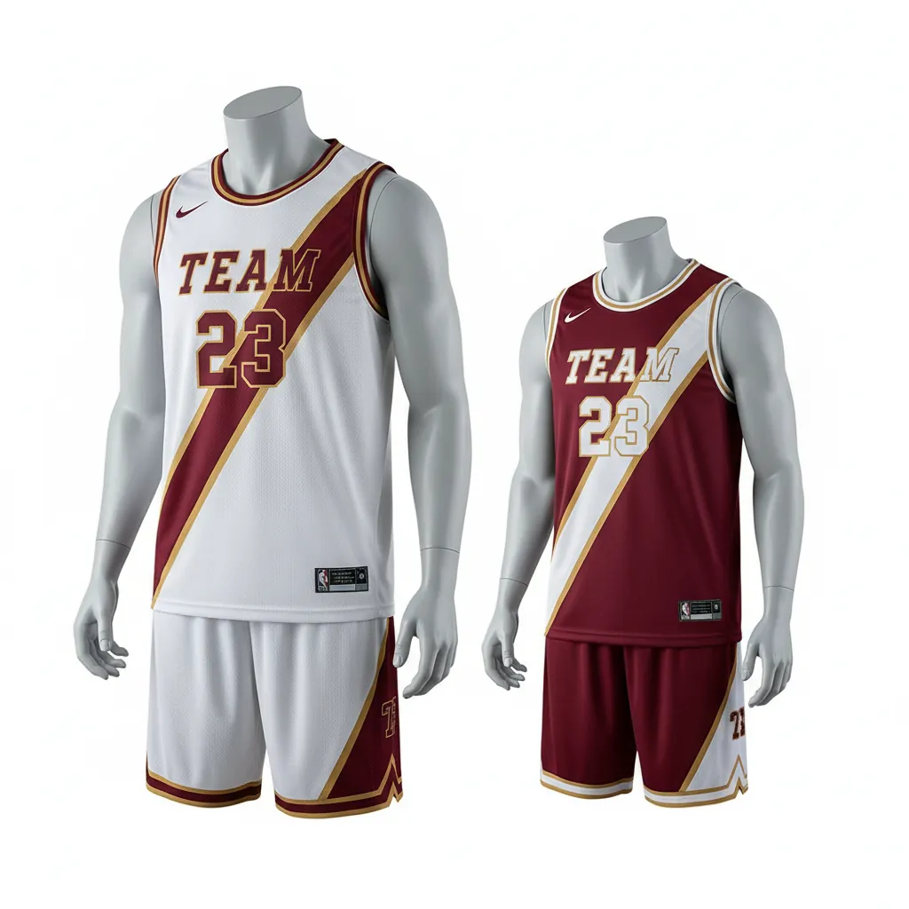 Custom Basketball Reversible Basketball Uniform - White, Burgundy, Gold - Roundneck Diagonal Slash - Front View - Kinexa Sportswear