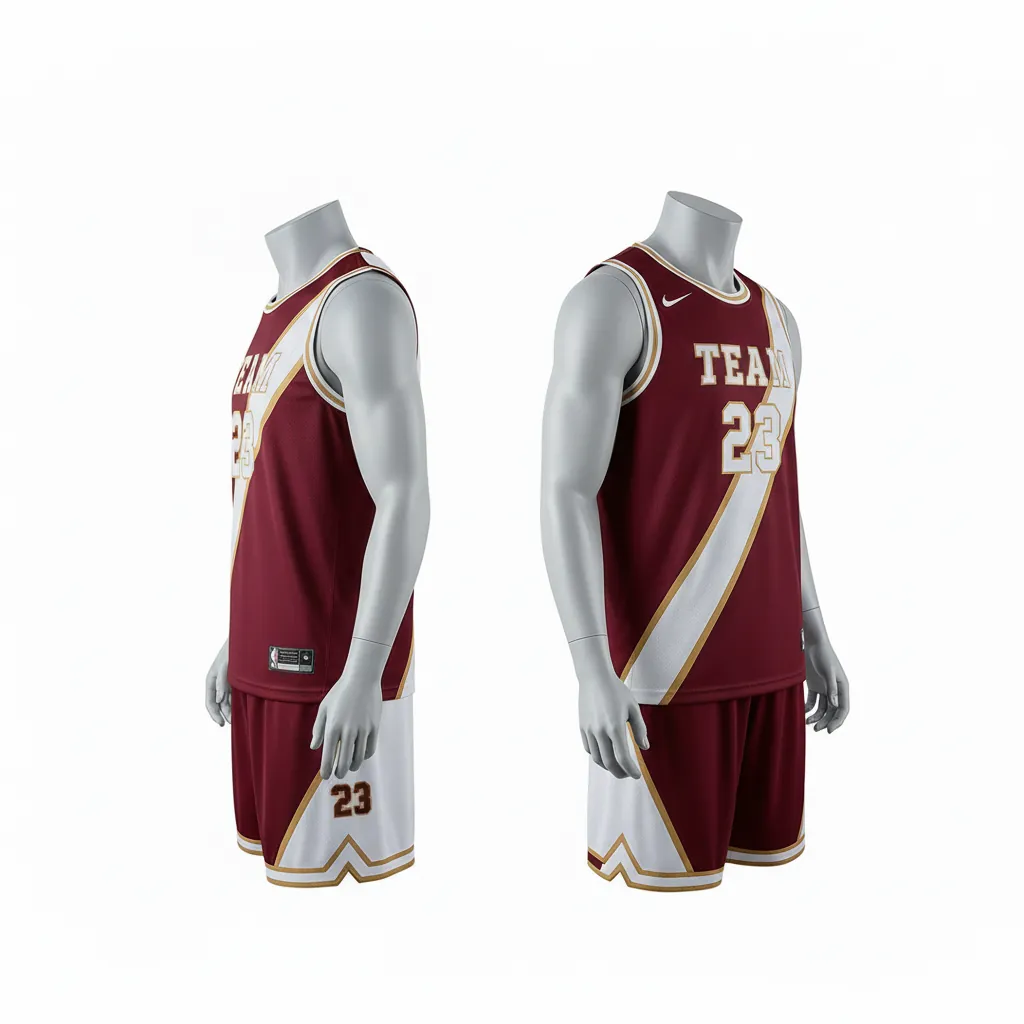 Custom Basketball Reversible Basketball Uniform - White, Burgundy, Gold - Roundneck Diagonal Slash - Side View - Kinexa Sportswear