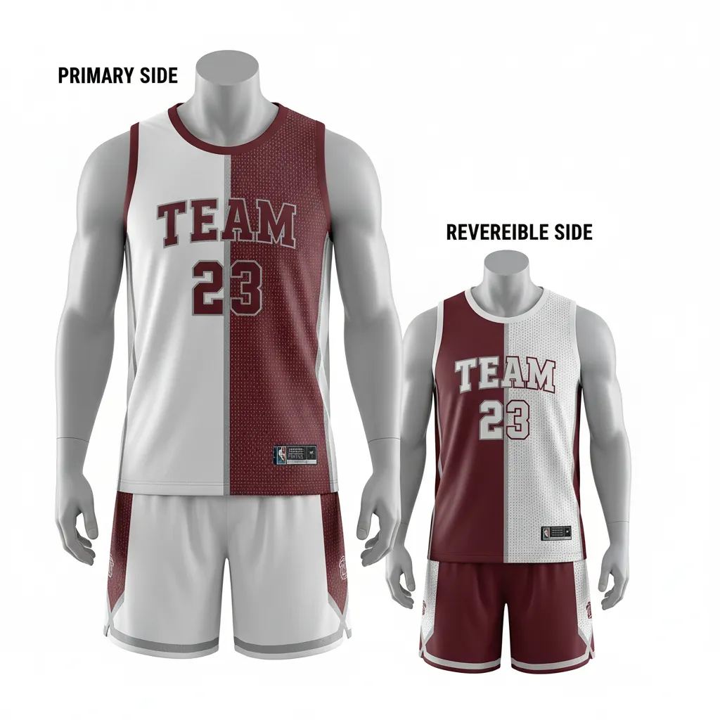 Custom Basketball Reversible Basketball Uniform - White, Burgundy, Silver - Roundneck Texture Pattern - Front View - Kinexa Sportswear