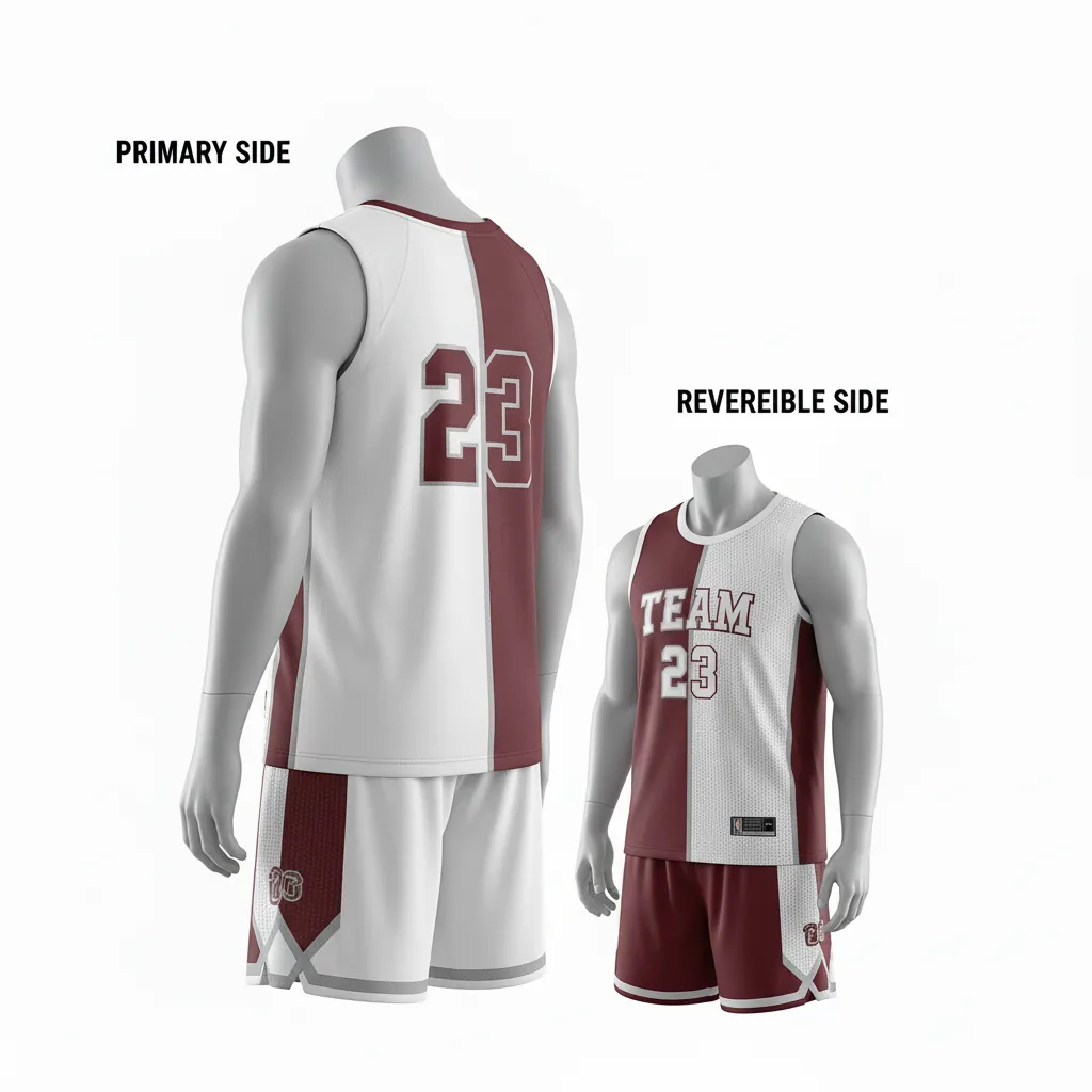 Custom Basketball Reversible Basketball Uniform - White, Burgundy, Silver - Roundneck Texture Pattern - Side View - Kinexa Sportswear