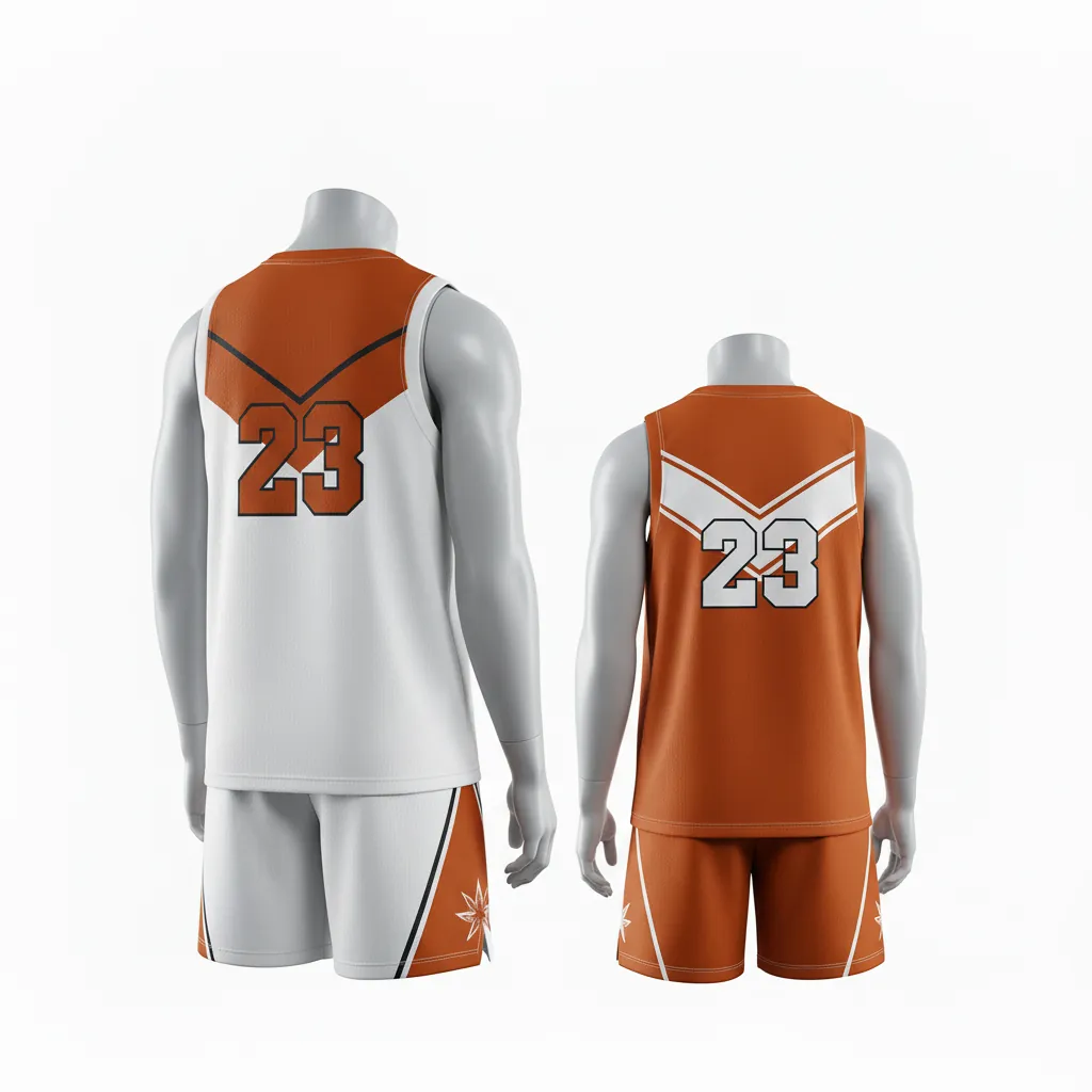 Custom Basketball Reversible Basketball Uniform - White, Burnt, Orange... - Roundneck Chevron Pattern - Back View - Kinexa Sportswear