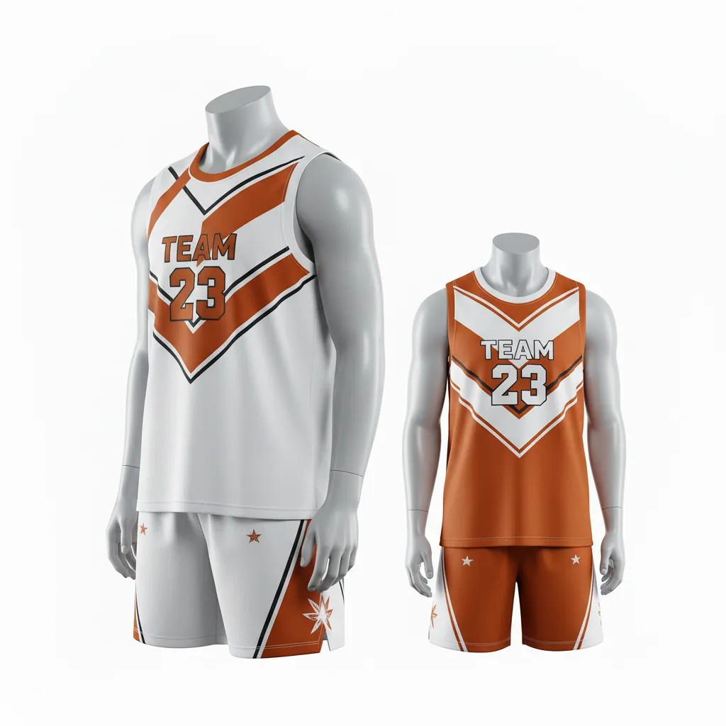 Custom Basketball Reversible Basketball Uniform - White, Burnt, Orange... - Roundneck Chevron Pattern - Front View - Kinexa Sportswear