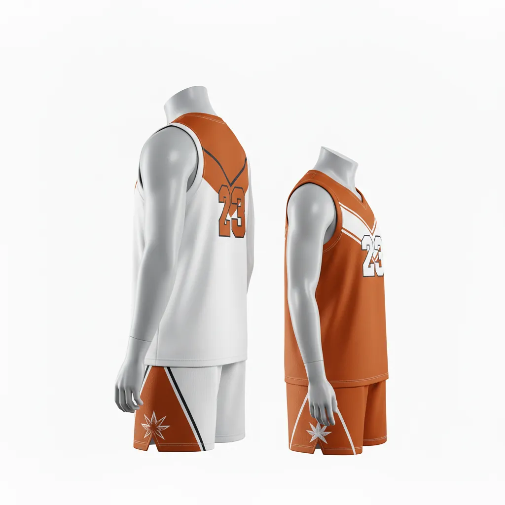 Custom Basketball Reversible Basketball Uniform - White, Burnt, Orange... - Roundneck Chevron Pattern - Side View - Kinexa Sportswear