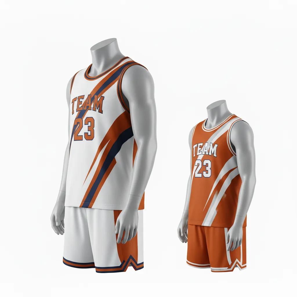 Custom Basketball Reversible Basketball Uniform - White, Burnt, Orange... - Roundneck Asymmetric Angular - Front View - Kinexa Sportswear