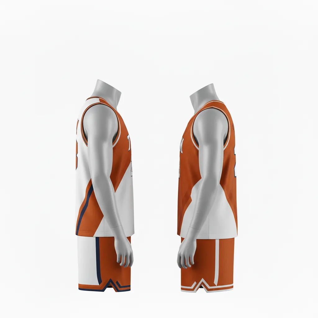 Custom Basketball Reversible Basketball Uniform - White, Burnt, Orange... - Roundneck Asymmetric Angular - Side View - Kinexa Sportswear