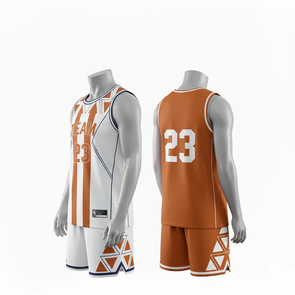 Custom Basketball Reversible Basketball Uniform - White, Burnt, Orange... - Roundneck Vertical Stripes - Back View - Kinexa Sportswear