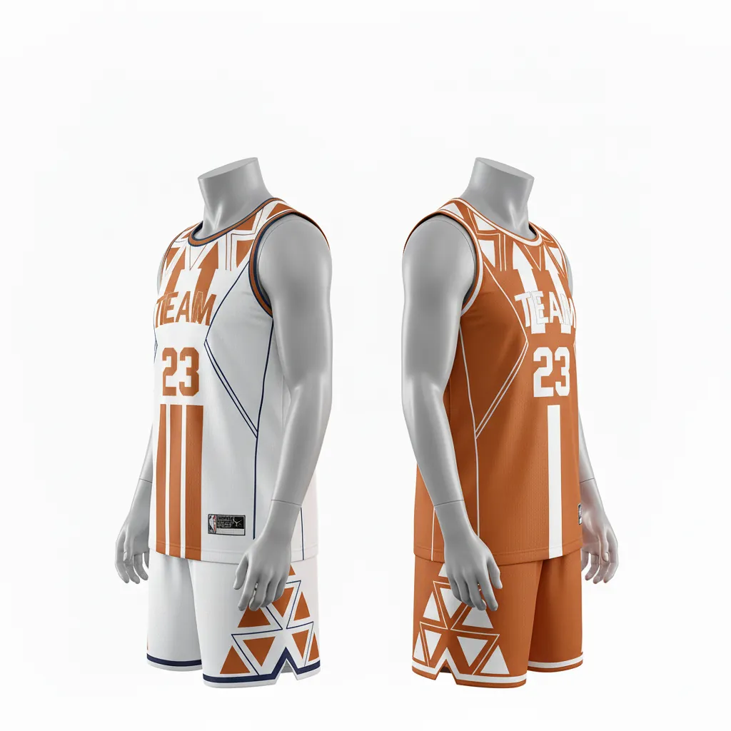 Custom Basketball Reversible Basketball Uniform - White, Burnt, Orange... - Roundneck Vertical Stripes - Front View - Kinexa Sportswear