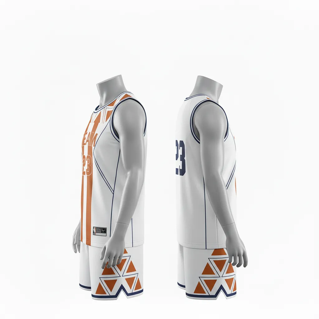 Custom Basketball Reversible Basketball Uniform - White, Burnt, Orange... - Roundneck Vertical Stripes - Side View - Kinexa Sportswear