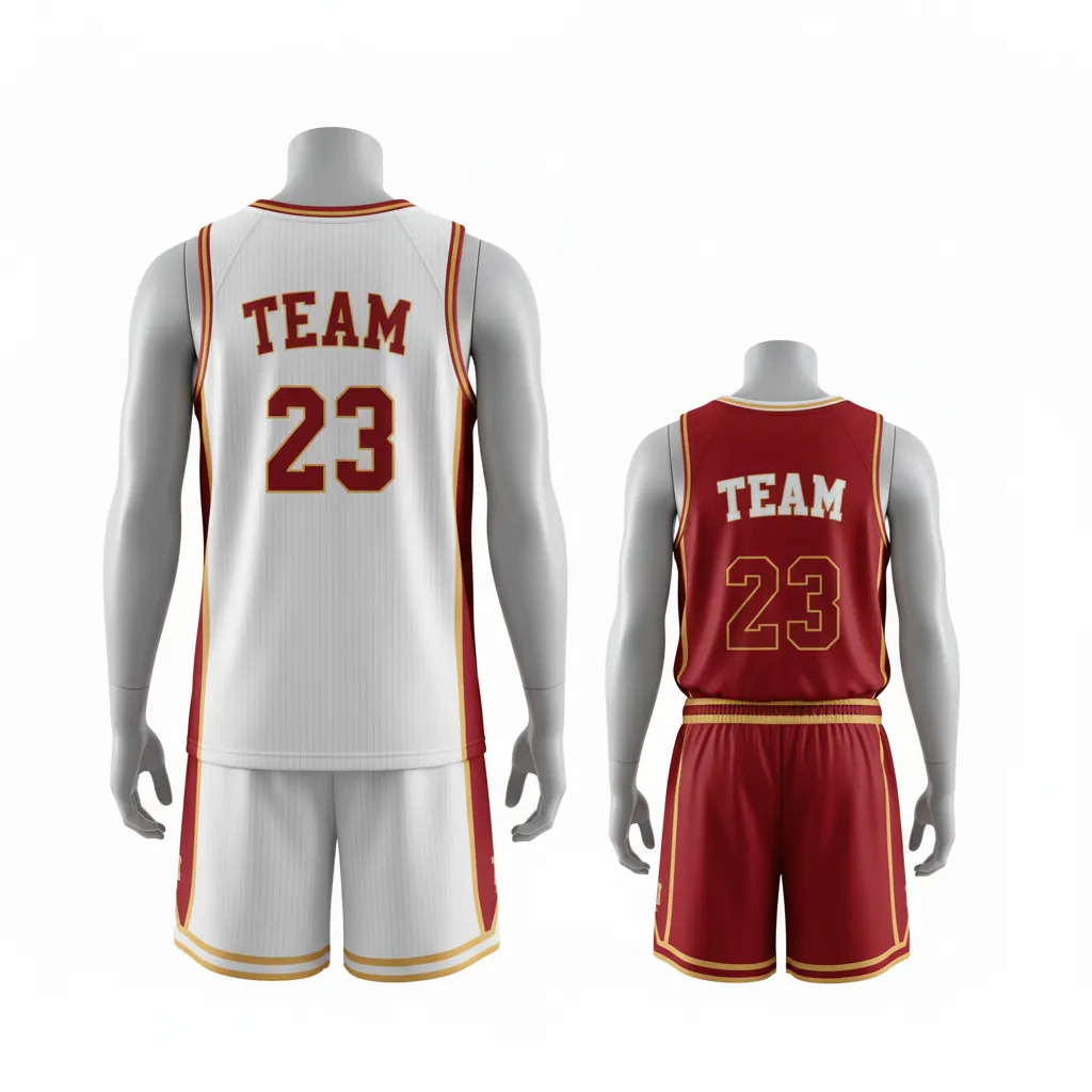 Custom Basketball Reversible Basketball Uniform - White, Red, Gold - Roundneck Cardinal Side Panel Block - Back View - Kinexa Sportswear