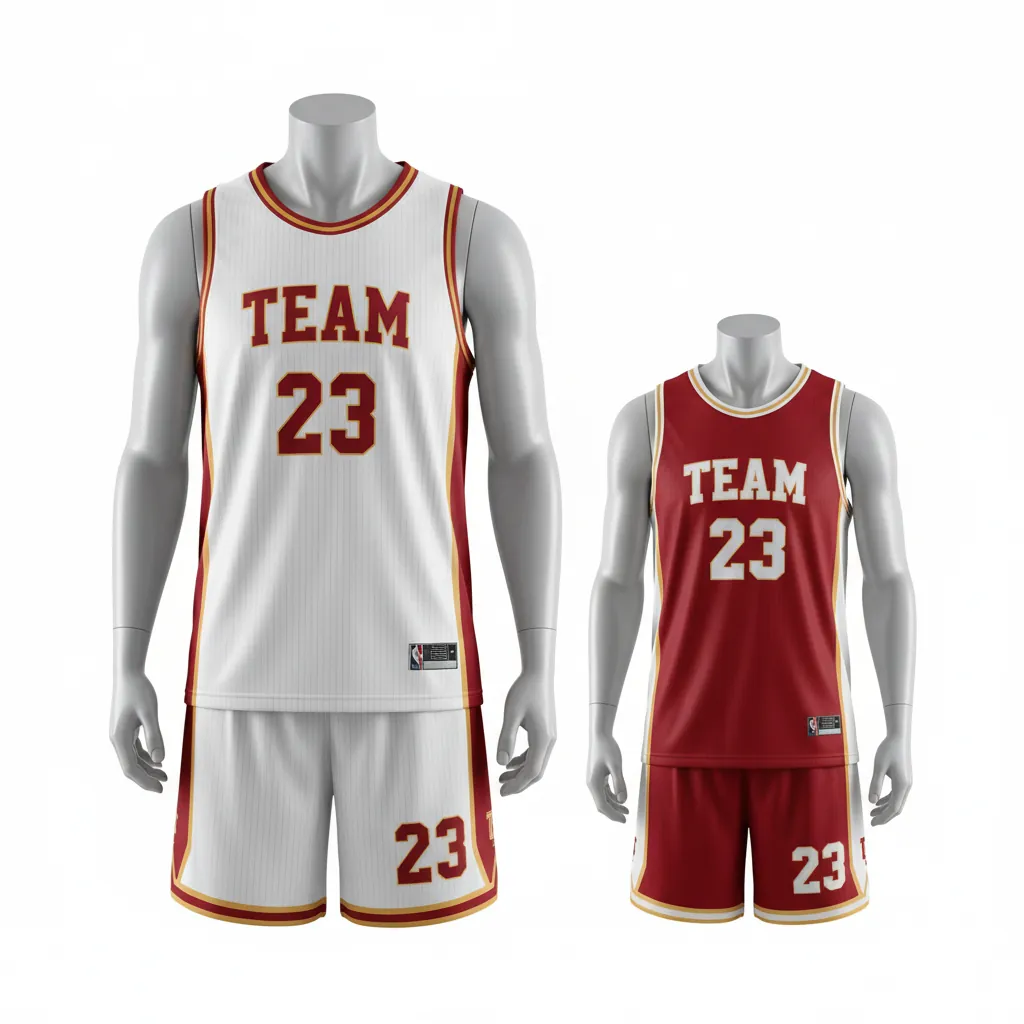Custom Basketball Reversible Basketball Uniform - White, Red, Gold - Roundneck Cardinal Side Panel Block - Front View - Kinexa Sportswear