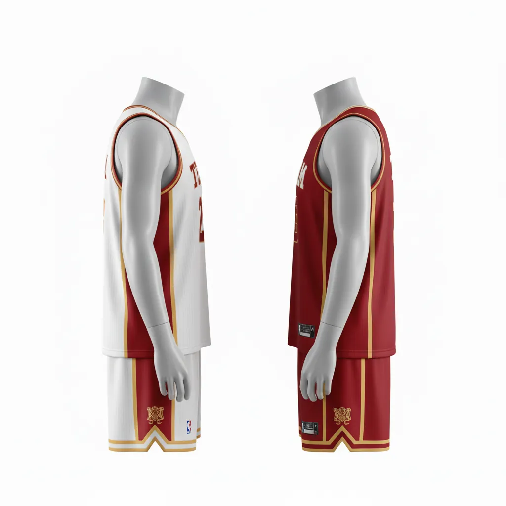 Custom Basketball Reversible Basketball Uniform - White, Red, Gold - Roundneck Cardinal Side Panel Block - Side View - Kinexa Sportswear